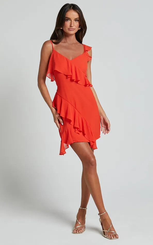 Showpo Zaria Mini Dress 8211 Asymmetric Frill Detail Mini Dress In Orange Women Dresses