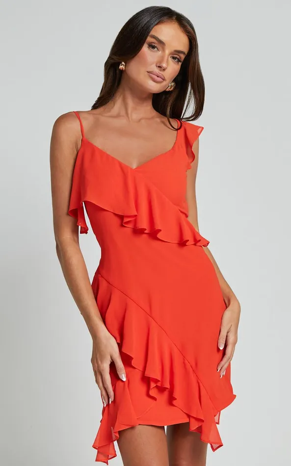 Showpo Zaria Mini Dress 8211 Asymmetric Frill Detail Mini Dress In Orange Women Dresses