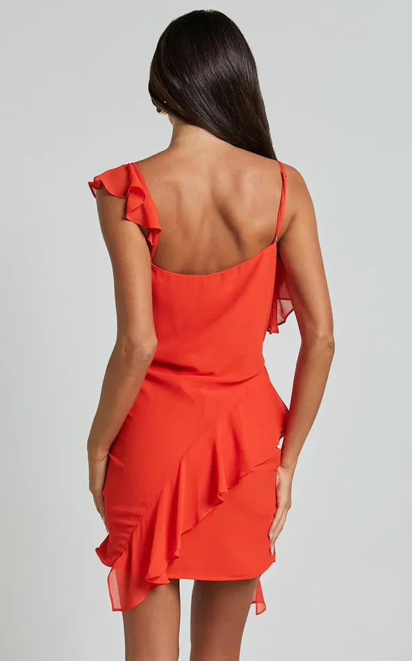 Showpo Zaria Mini Dress 8211 Asymmetric Frill Detail Mini Dress In Orange Women Dresses