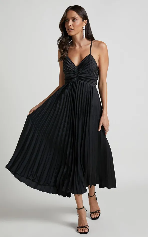 Showpo Zayla Midi Dress 8211 Plisse Twist Front Dress In Black Women Dresses