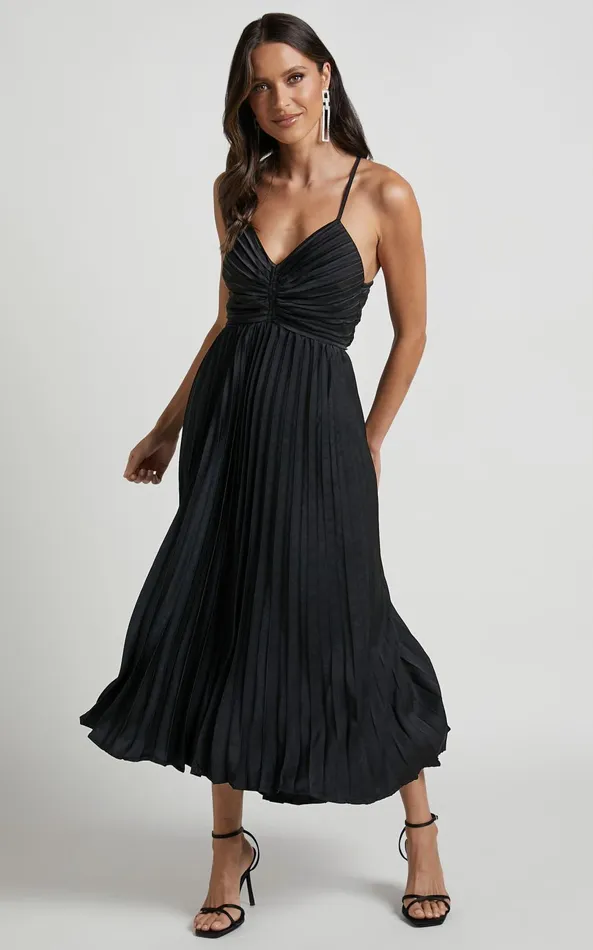Showpo Zayla Midi Dress 8211 Plisse Twist Front Dress In Black Women Dresses