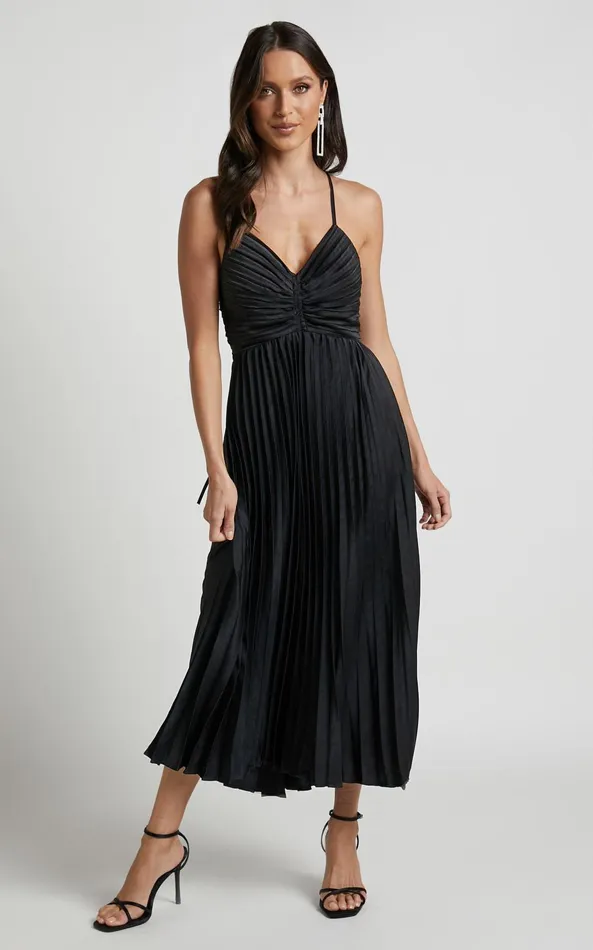 Showpo Zayla Midi Dress 8211 Plisse Twist Front Dress In Black Women Dresses