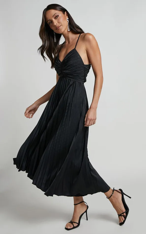 Showpo Zayla Midi Dress 8211 Plisse Twist Front Dress In Black Women Dresses