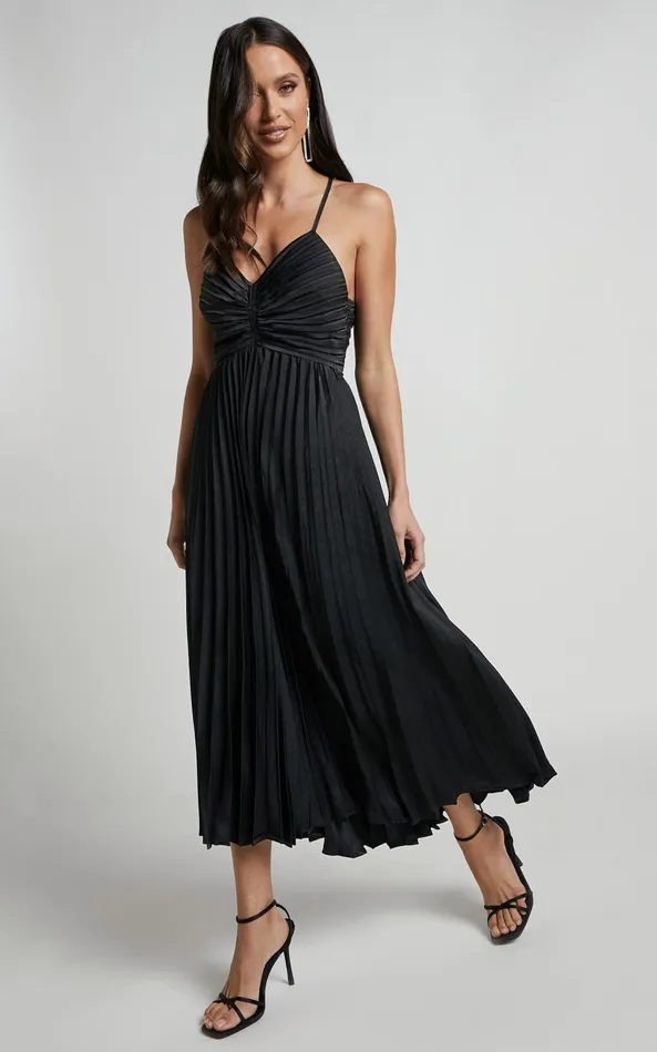 Showpo Zayla Midi Dress 8211 Plisse Twist Front Dress In Black Women Dresses