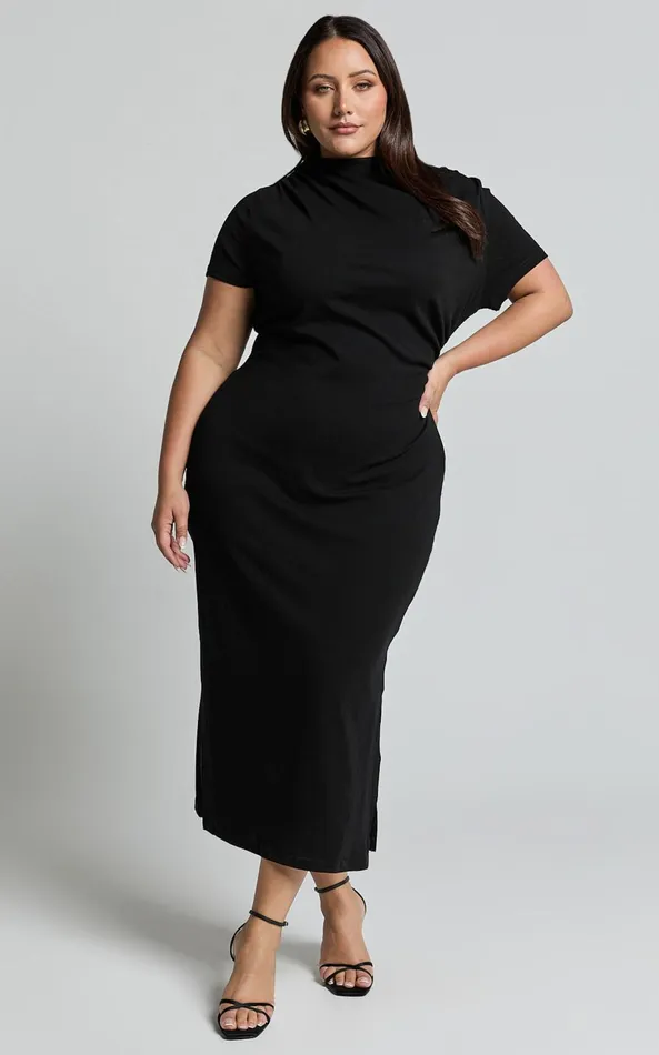 Showpo Zayna Midi Dress 8211 Jersey Short Sleeve Dress In Black Women Curve Clothes