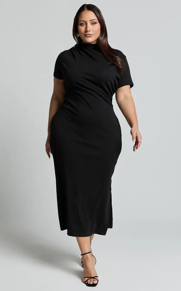 Showpo Zayna Midi Dress 8211 Jersey Short Sleeve Dress In Black Women Curve Clothes