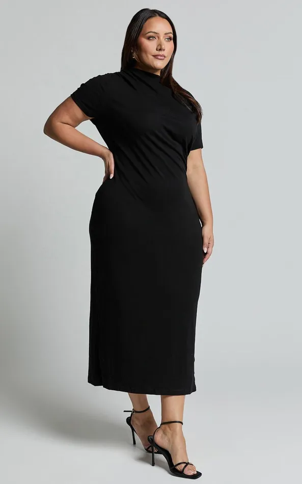 Showpo Zayna Midi Dress 8211 Jersey Short Sleeve Dress In Black Women Curve Clothes