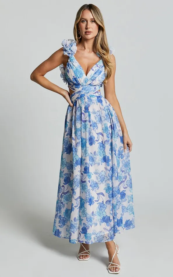Showpo Zeita Midi Dress 8211 Ruffle Detail Strap Cut Out Dress In Blue And White Print Women Dresses Showpo Zeita Midi Dress 8211 Ruffle Detail Strap Cut Out Dress In Blue And White Print Women Dresses