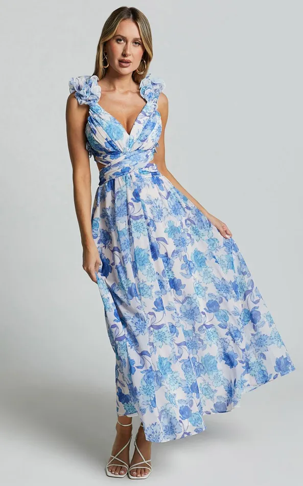 Showpo Zeita Midi Dress 8211 Ruffle Detail Strap Cut Out Dress In Blue And White Print Women Dresses