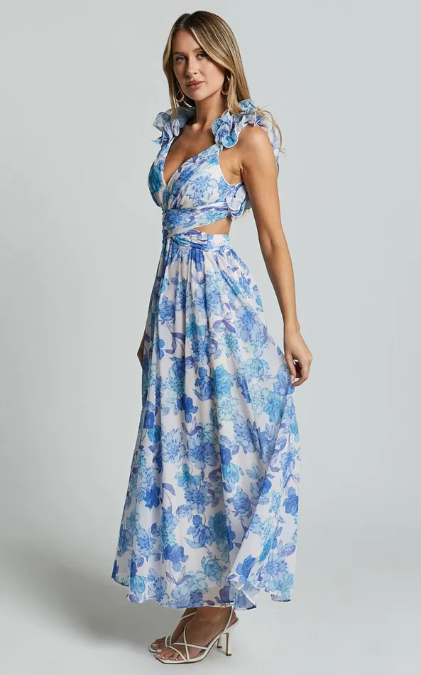 Showpo Zeita Midi Dress 8211 Ruffle Detail Strap Cut Out Dress In Blue And White Print Women Dresses