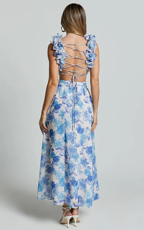 Showpo Zeita Midi Dress 8211 Ruffle Detail Strap Cut Out Dress In Blue And White Print Women Dresses