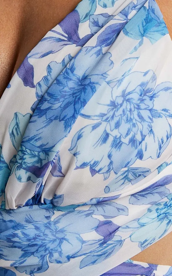 Showpo Zeita Midi Dress 8211 Ruffle Detail Strap Cut Out Dress In Blue And White Print Women Dresses