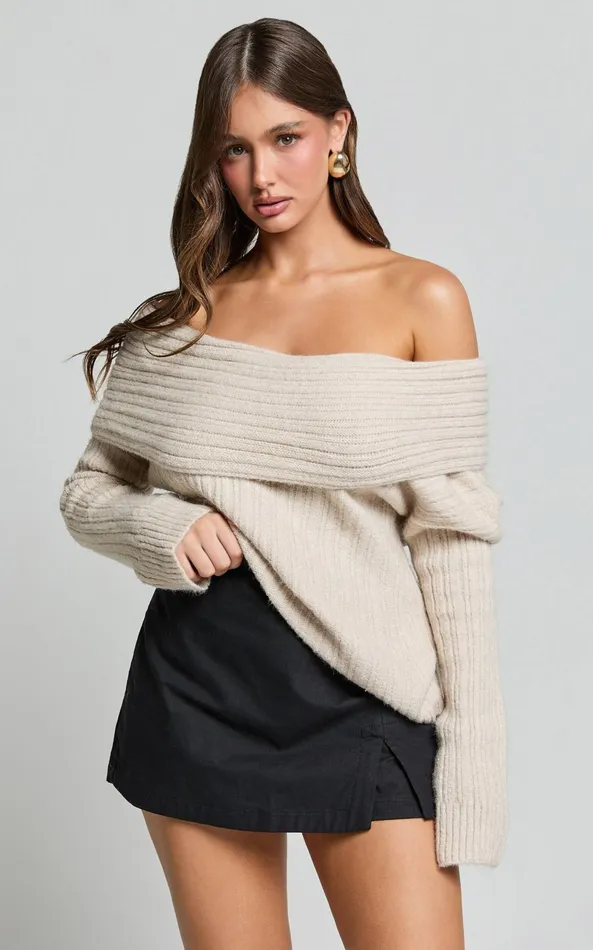 Showpo Zelda Jumper 8211 Folded Off The Shoulder Knit Jumper In Cream Women Knitwear