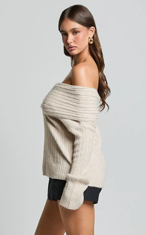 Showpo Zelda Jumper 8211 Folded Off The Shoulder Knit Jumper In Cream Women Knitwear