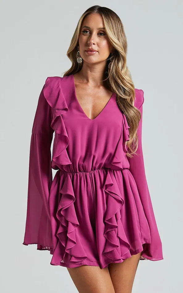 Showpo Zella Playsuit 8211 Plunge Ruffle Detail Long Sleeve In Grape Women Rompers Showpo Zella Playsuit 8211 Plunge Ruffle Detail Long Sleeve In Grape Women Rompers