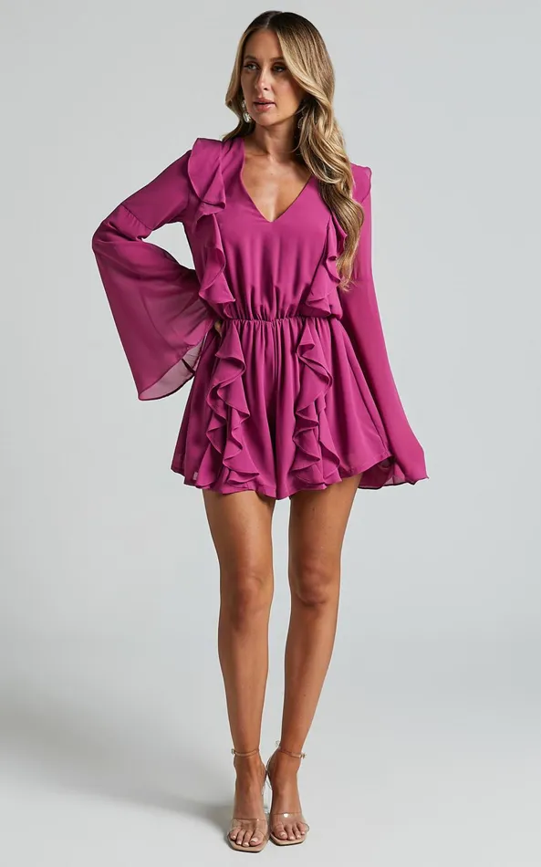 Showpo Zella Playsuit 8211 Plunge Ruffle Detail Long Sleeve In Grape Women Rompers