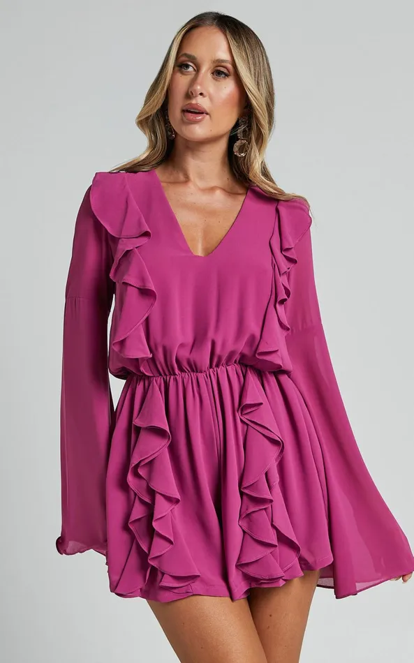 Showpo Zella Playsuit 8211 Plunge Ruffle Detail Long Sleeve In Grape Women Rompers
