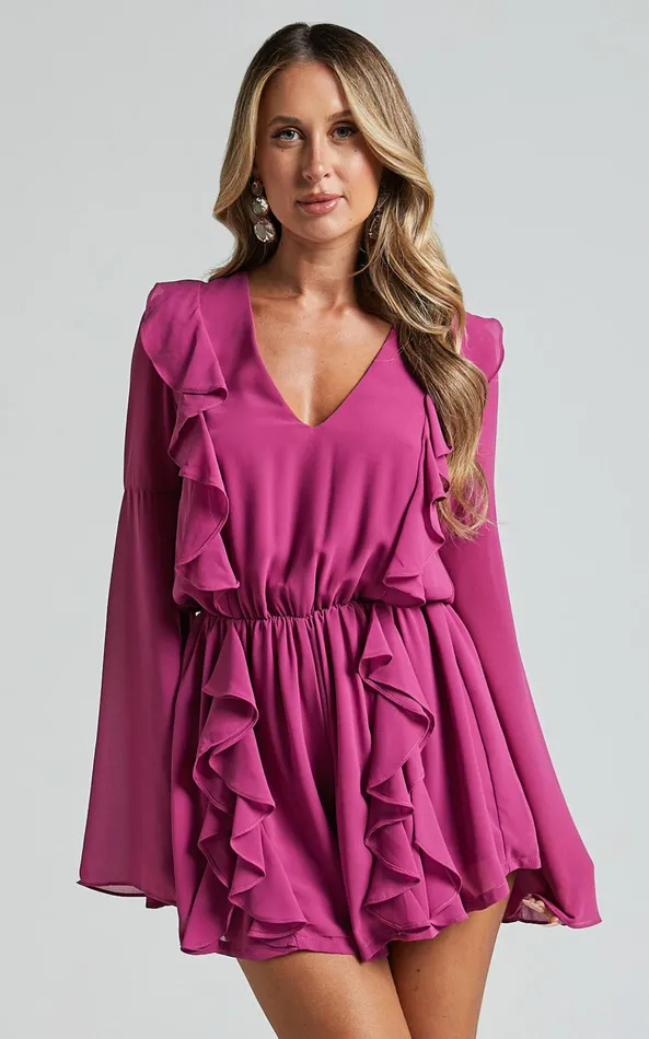 Showpo Zella Playsuit 8211 Plunge Ruffle Detail Long Sleeve In Grape Women Rompers