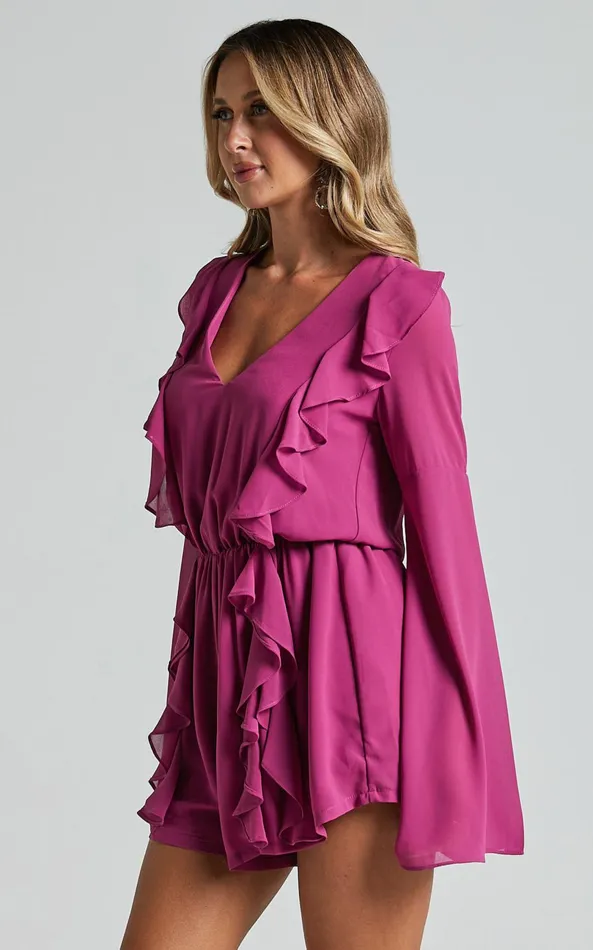Showpo Zella Playsuit 8211 Plunge Ruffle Detail Long Sleeve In Grape Women Rompers