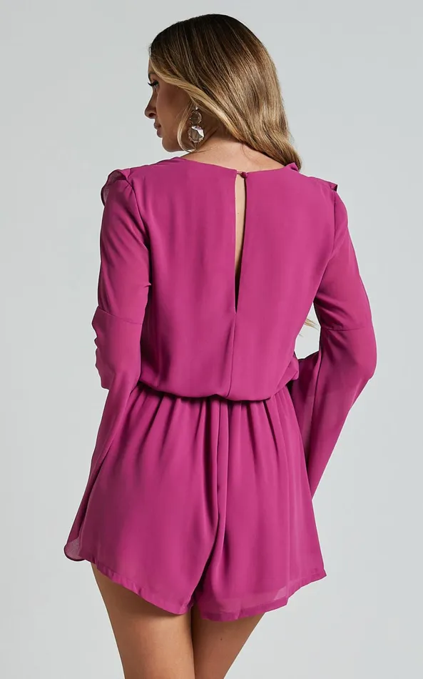 Showpo Zella Playsuit 8211 Plunge Ruffle Detail Long Sleeve In Grape Women Rompers