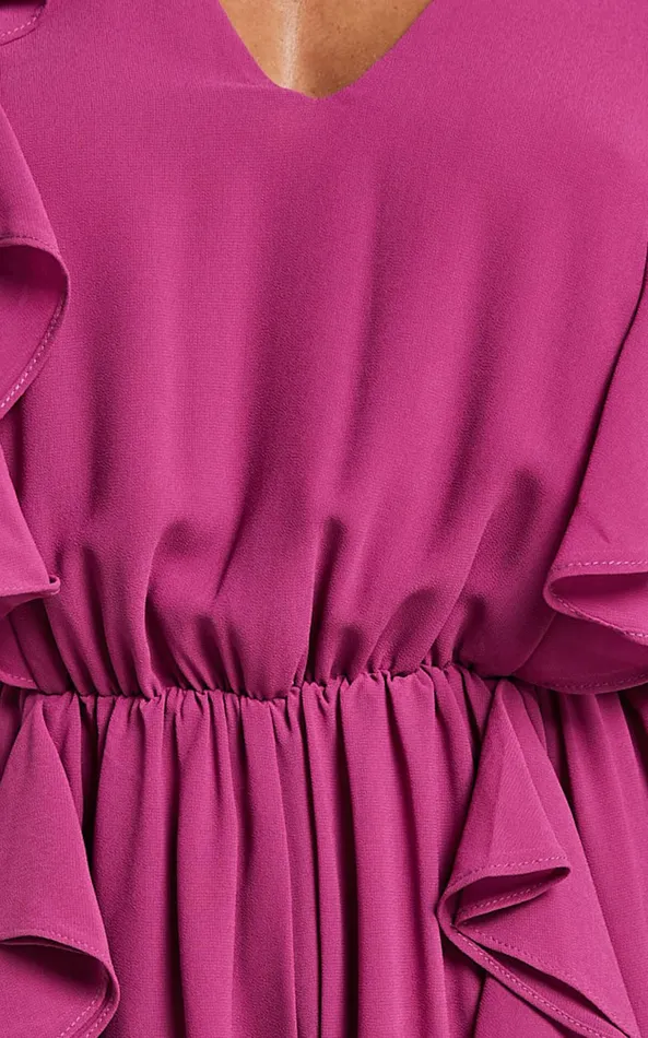 Showpo Zella Playsuit 8211 Plunge Ruffle Detail Long Sleeve In Grape Women Rompers