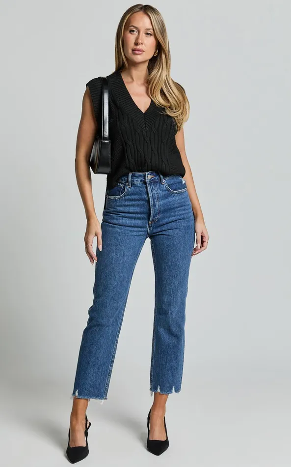 Showpo Zelrio Jeans 8211 High Waisted Recycled Cotton Cropped Denim Jeans In Dark Blue Wash Women Curve Clothes