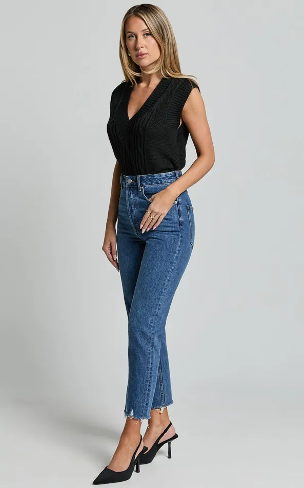 Showpo Zelrio Jeans 8211 High Waisted Recycled Cotton Cropped Denim Jeans In Dark Blue Wash Women Curve Clothes