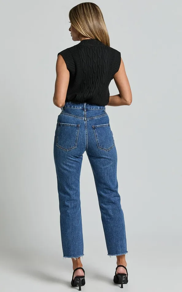 Showpo Zelrio Jeans 8211 High Waisted Recycled Cotton Cropped Denim Jeans In Dark Blue Wash Women Curve Clothes