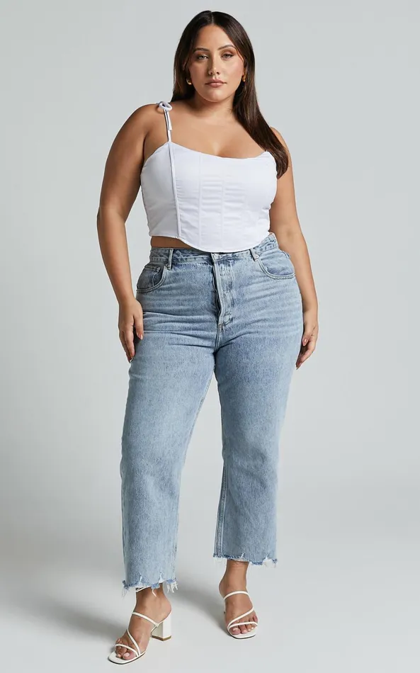 Showpo Zelrio Jeans 8211 High Waisted Recycled Cotton Cropped Denim Jeans In Mid Blue Wash Women Shop Conscious