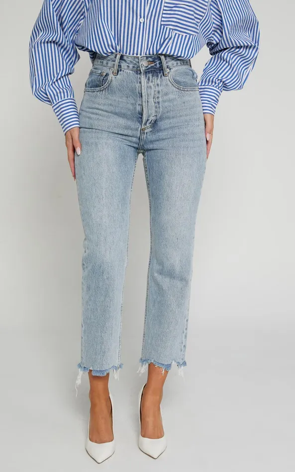 Showpo Zelrio Jeans 8211 High Waisted Recycled Cotton Cropped Denim Jeans In Mid Blue Wash Women Shop Conscious