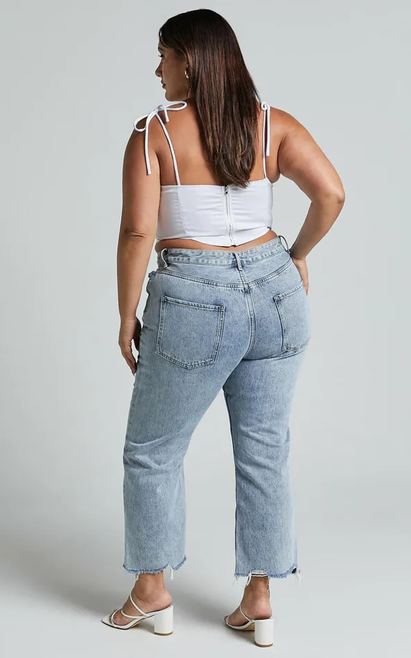Showpo Zelrio Jeans 8211 High Waisted Recycled Cotton Cropped Denim Jeans In Mid Blue Wash Women Shop Conscious