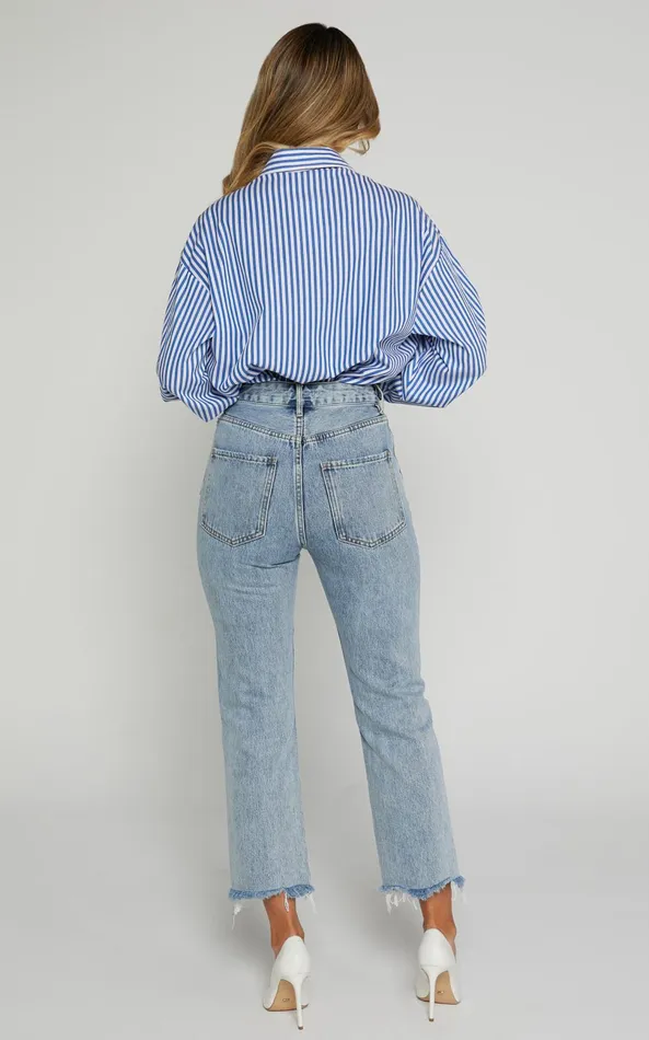 Showpo Zelrio Jeans 8211 High Waisted Recycled Cotton Cropped Denim Jeans In Mid Blue Wash Women Shop Conscious
