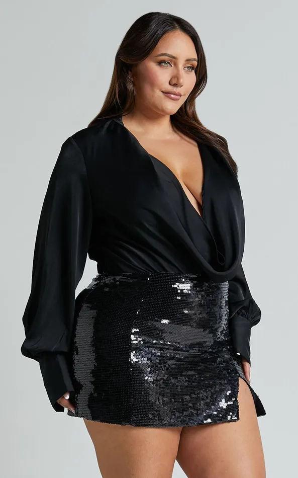 Showpo Zephyr Bodysuit 8211 Plunge Neck Cowl Bodysuit In Black Women Curve Clothes