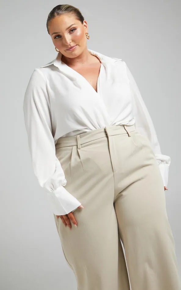 Showpo Zephyr Bodysuit 8211 Plunge Neck Cowl Bodysuit In White Women Curve Clothes