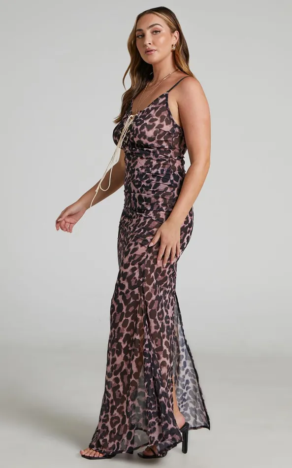 Showpo Zharina Midi Dress 8211 Lace Up Front Sheer Dress In Leopard Print Women Dresses