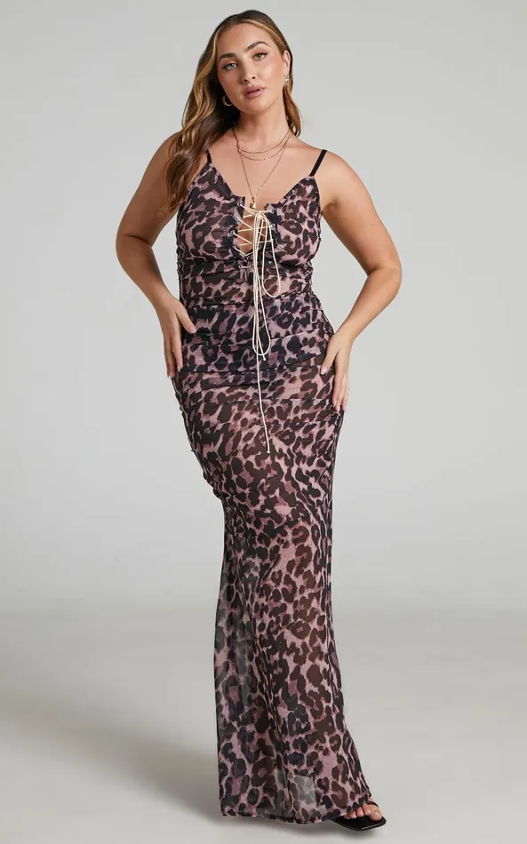 Showpo Zharina Midi Dress 8211 Lace Up Front Sheer Dress In Leopard Print Women Dresses
