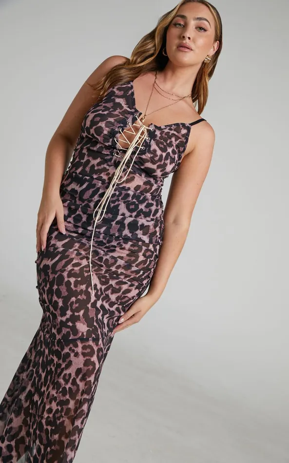 Showpo Zharina Midi Dress 8211 Lace Up Front Sheer Dress In Leopard Print Women Dresses