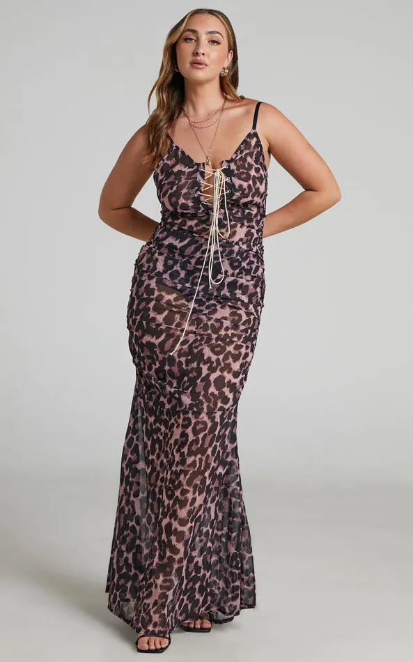Showpo Zharina Midi Dress 8211 Lace Up Front Sheer Dress In Leopard Print Women Dresses