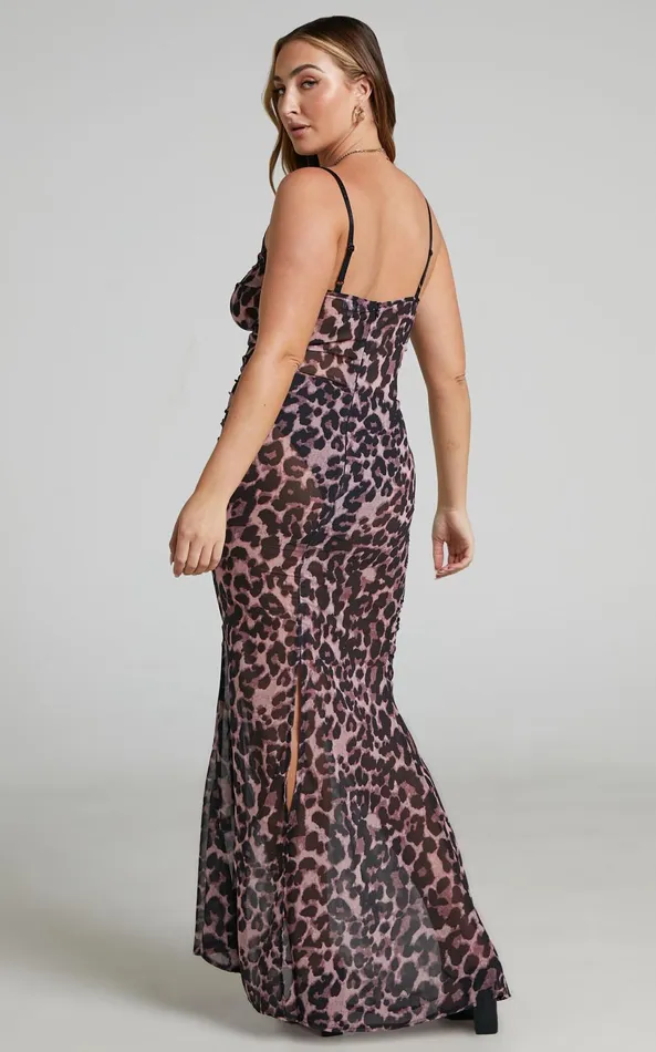 Showpo Zharina Midi Dress 8211 Lace Up Front Sheer Dress In Leopard Print Women Dresses