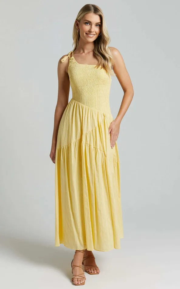 Showpo Zhibet Midi Dress 8211 One Shoulder Tie Fit And Flare Dress In Yellow Women Dresses Showpo Zhibet Midi Dress 8211 One Shoulder Tie Fit And Flare Dress In Yellow Women Dresses