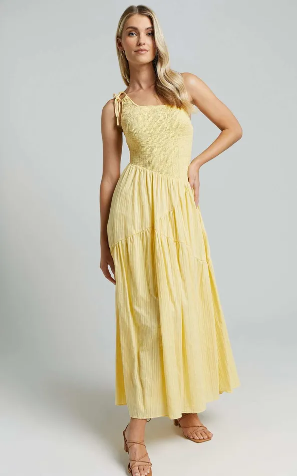 Showpo Zhibet Midi Dress 8211 One Shoulder Tie Fit And Flare Dress In Yellow Women Dresses