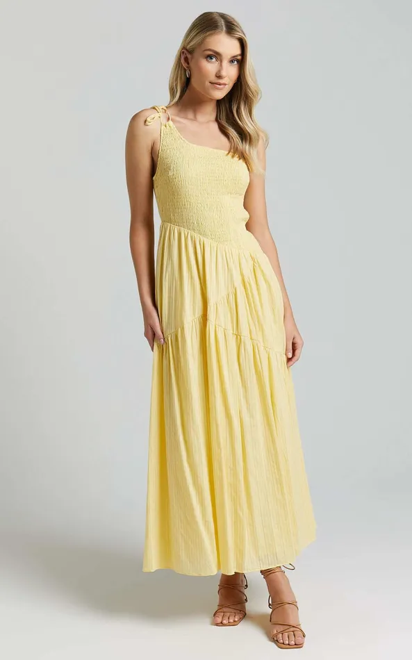 Showpo Zhibet Midi Dress 8211 One Shoulder Tie Fit And Flare Dress In Yellow Women Dresses