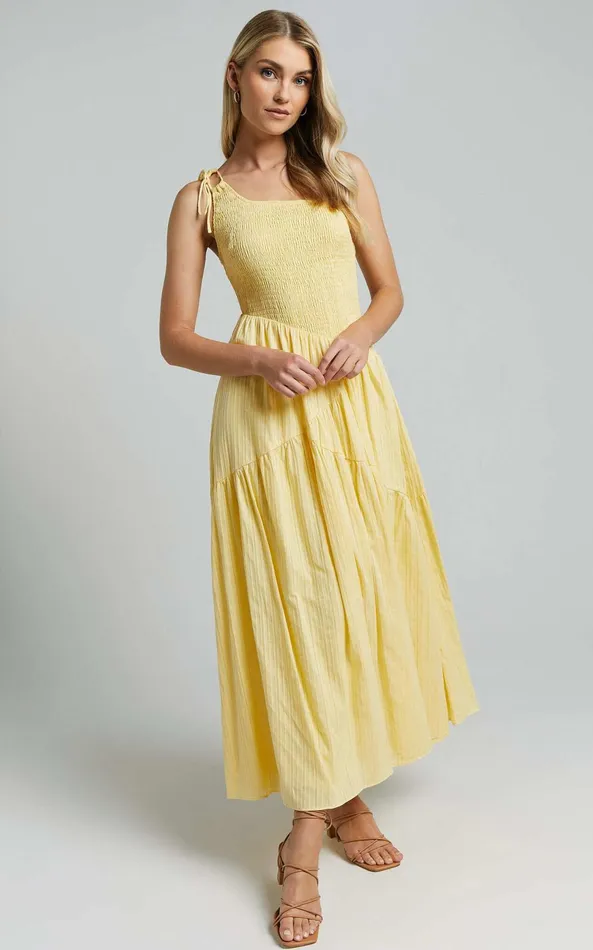 Showpo Zhibet Midi Dress 8211 One Shoulder Tie Fit And Flare Dress In Yellow Women Dresses