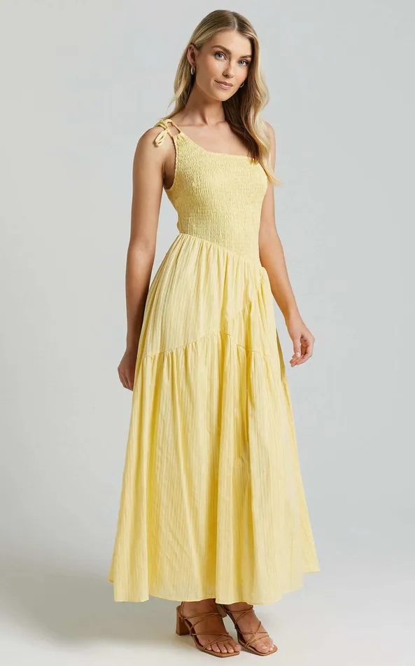 Showpo Zhibet Midi Dress 8211 One Shoulder Tie Fit And Flare Dress In Yellow Women Dresses