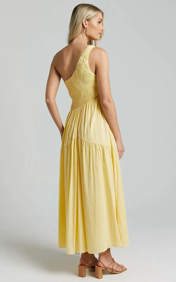 Showpo Zhibet Midi Dress 8211 One Shoulder Tie Fit And Flare Dress In Yellow Women Dresses