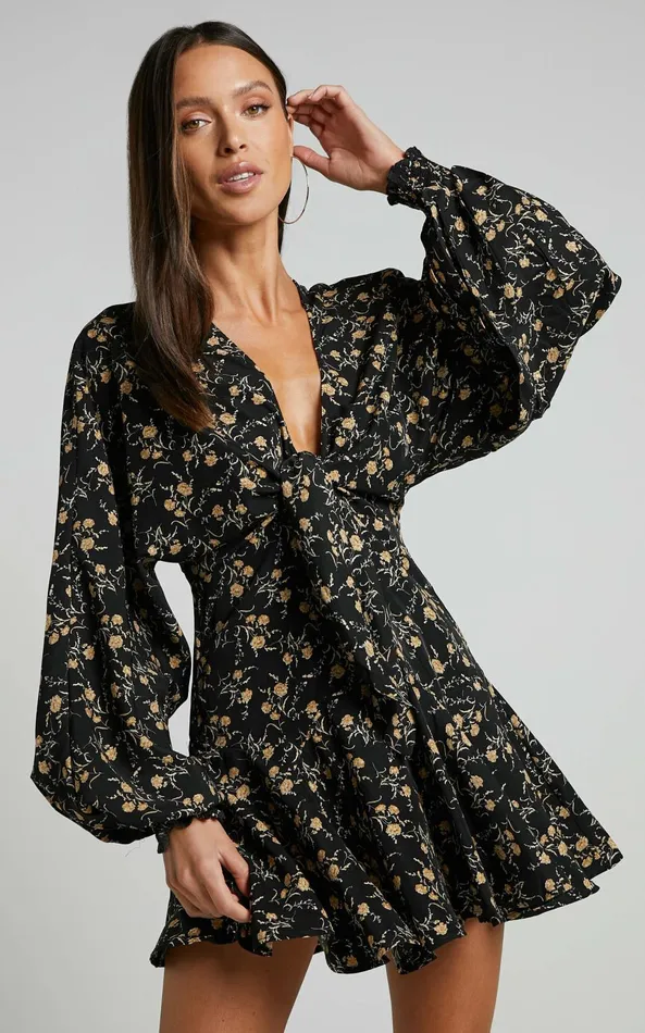 Showpo Zillion Mini Dress 8211 Long Sleeve Button Front Dress In Black Floral Women Dresses Showpo Zillion Mini Dress 8211 Long Sleeve Button Front Dress In Black Floral Women Dresses
