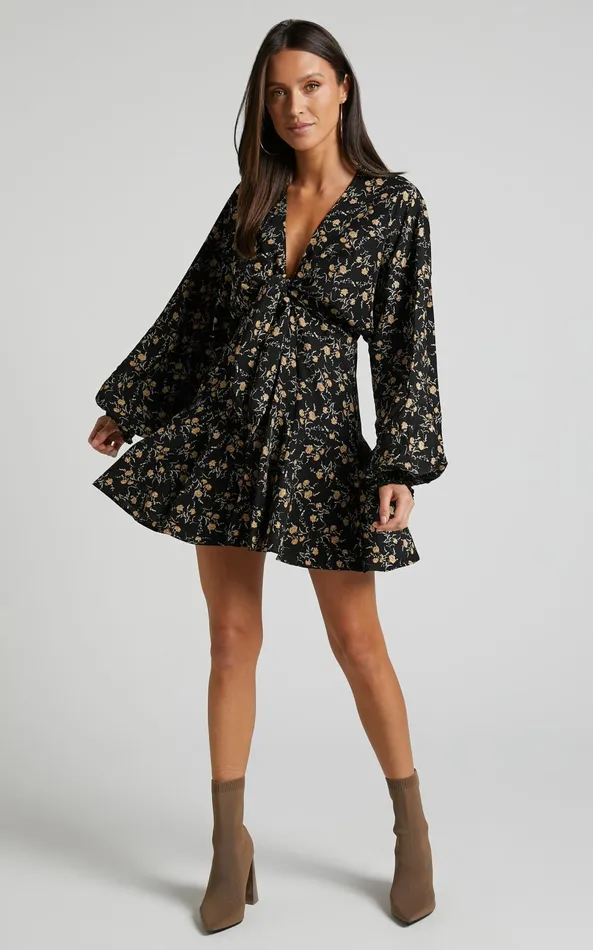 Showpo Zillion Mini Dress 8211 Long Sleeve Button Front Dress In Black Floral Women Dresses
