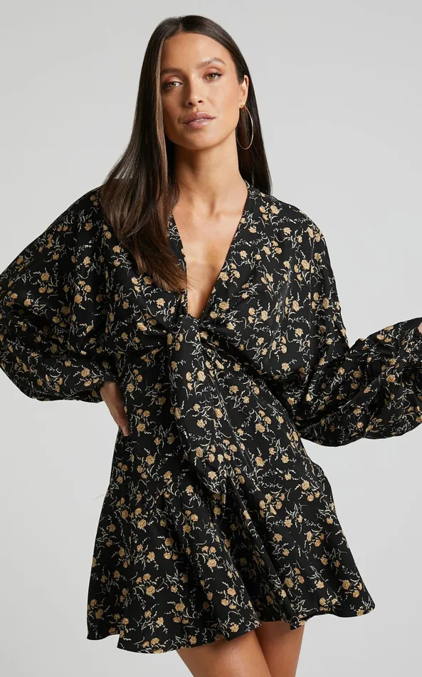 Showpo Zillion Mini Dress 8211 Long Sleeve Button Front Dress In Black Floral Women Dresses