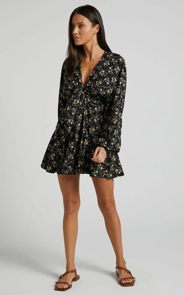 Showpo Zillion Mini Dress 8211 Long Sleeve Button Front Dress In Black Floral Women Dresses