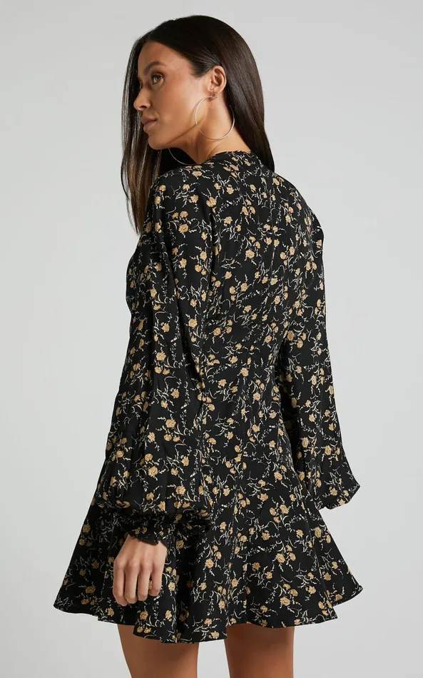 Showpo Zillion Mini Dress 8211 Long Sleeve Button Front Dress In Black Floral Women Dresses